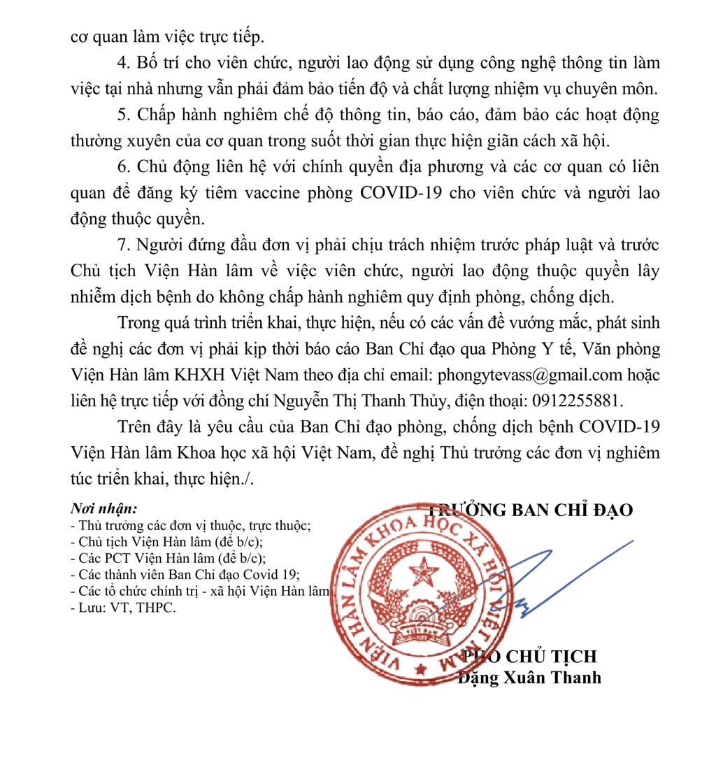 Thông báo của Viện Hàn lâm KHXH Việt Nam về việc tăng cường thực hiện nghiêm giãn cách xã hội để ngăn chặn dịch bệnh COVID-19