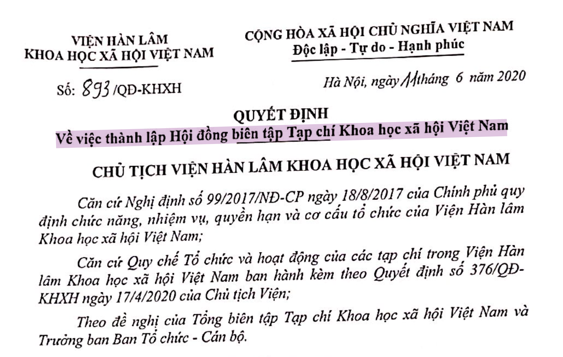 Quyết định về việc thành lập Hội đồng biên tập Tạp chí Khoa học xã hội Việt Nam